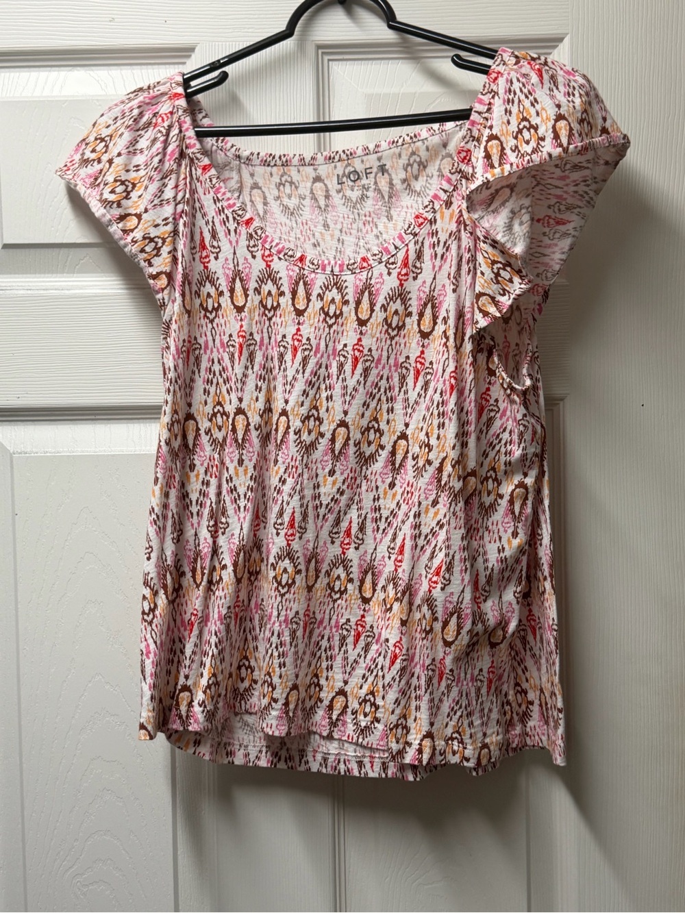 LOFT Pink, Brown & Cream Printed Flutter Sleeve Top